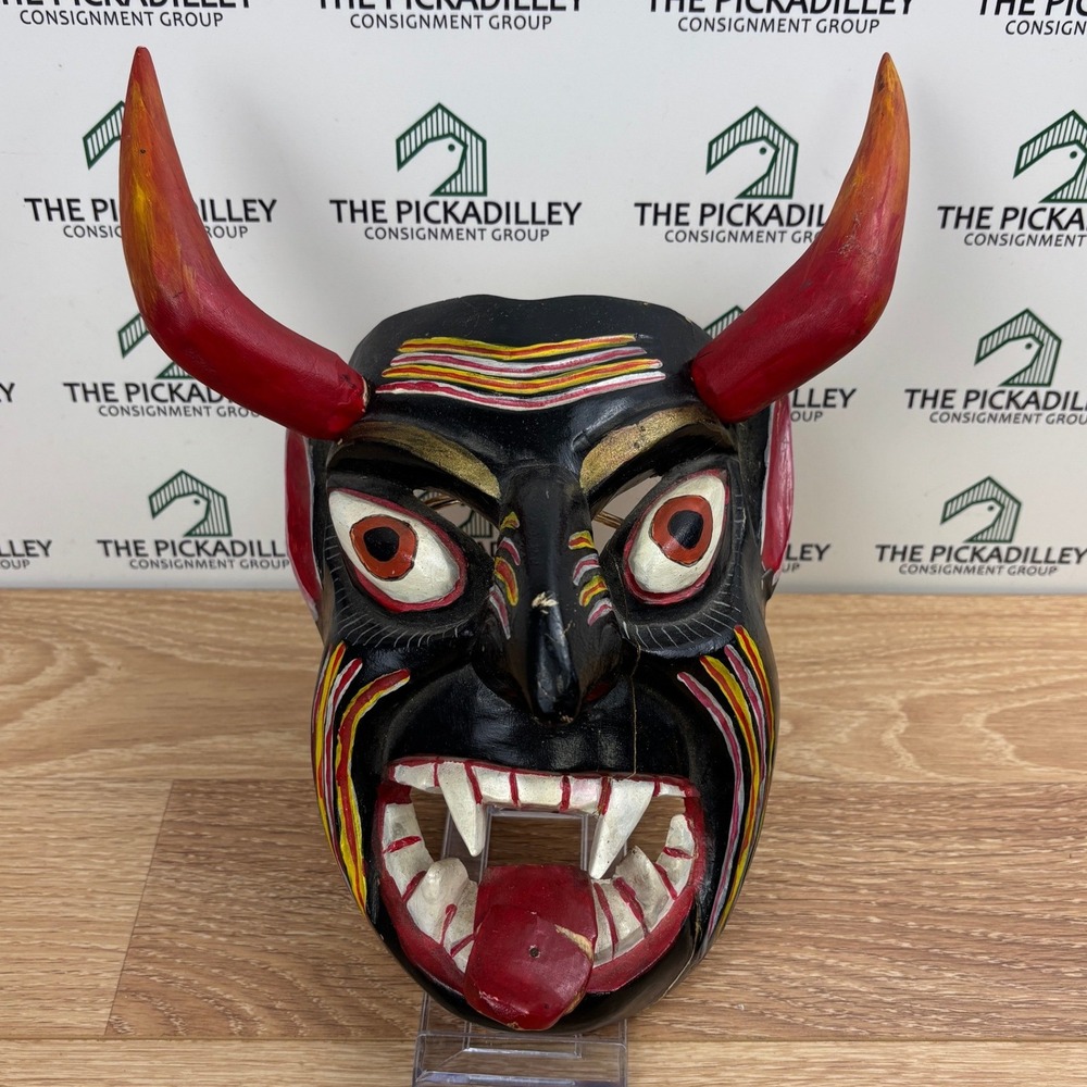 Vintage Hand Carved Wooden Devil Mask Black Red Horns Folk Art Wall Decor